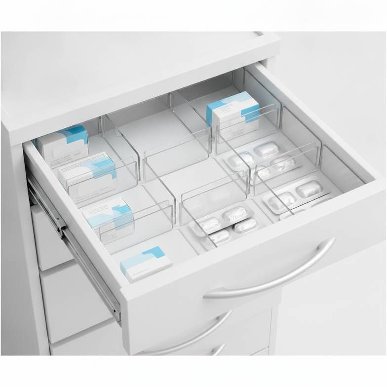 Close-up of an open medication cart drawer with adjustable dividers organizing different medication types
