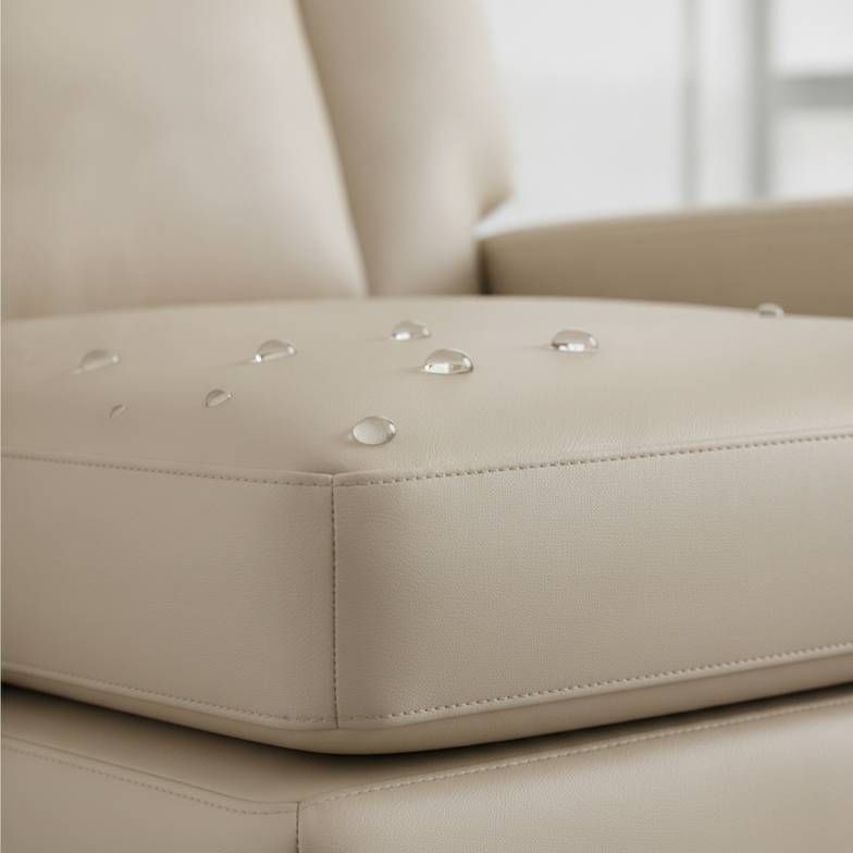Close-up of durable, cleanable vinyl upholstery on a medical recliner for nursing homes
