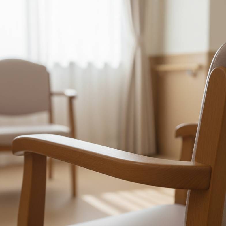 A close-up shot showing the sturdy, easy-to-grip armrest of an elderly care chair, highlighting a key design feature for resident safety.