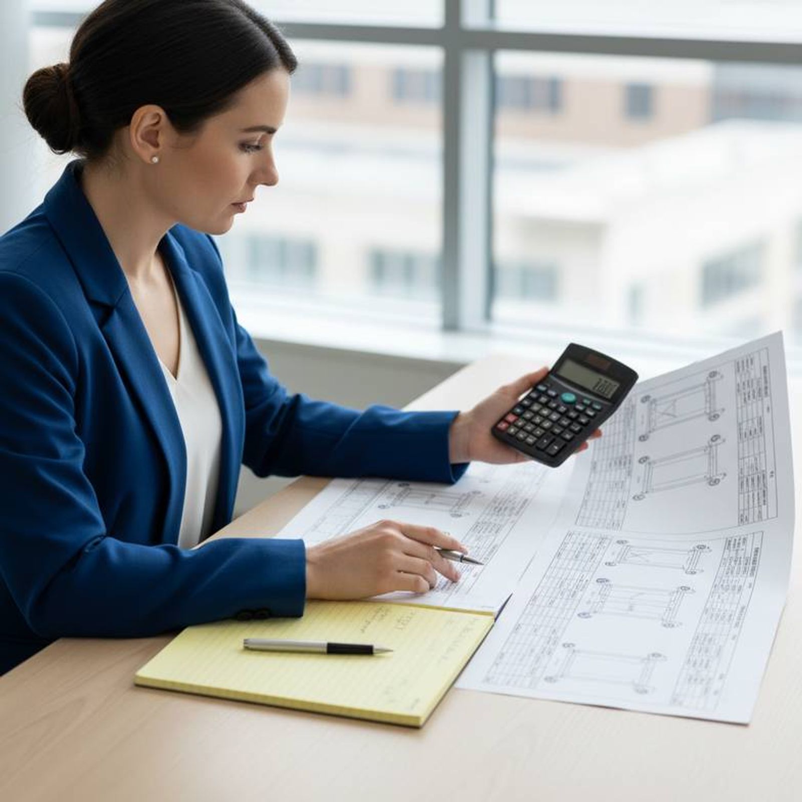 A procurement manager at a desk, comparing two different anesthesia trolley specification sheets, with a calculator and notepad nearby.