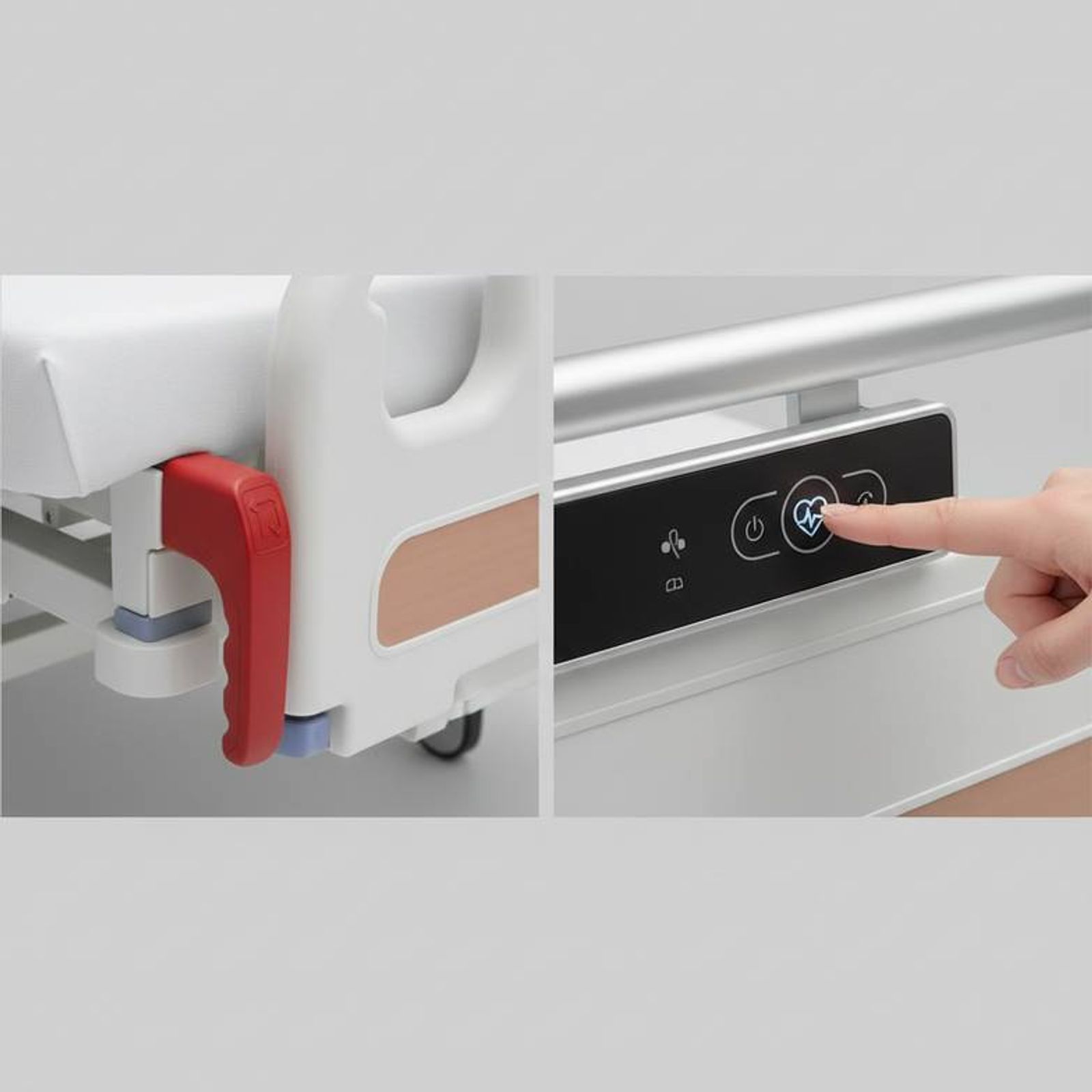Diagram comparing the buttons for an electric hospital bed CPR function and the lever for a manual release.