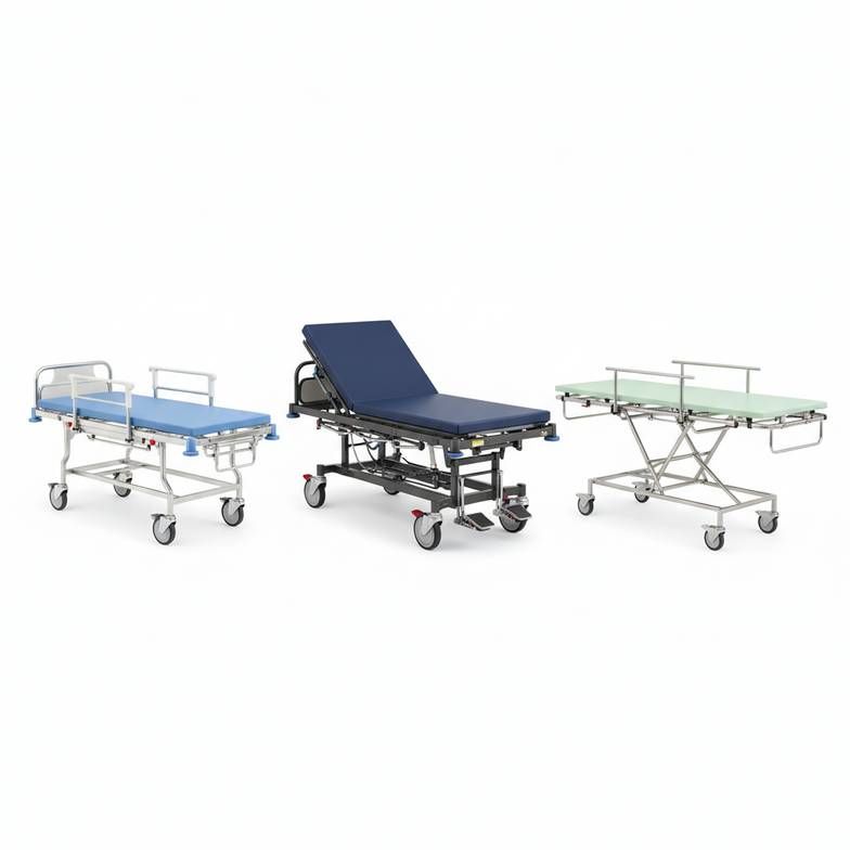 An overview showing different types of hospital stretchers in a hospital corridor