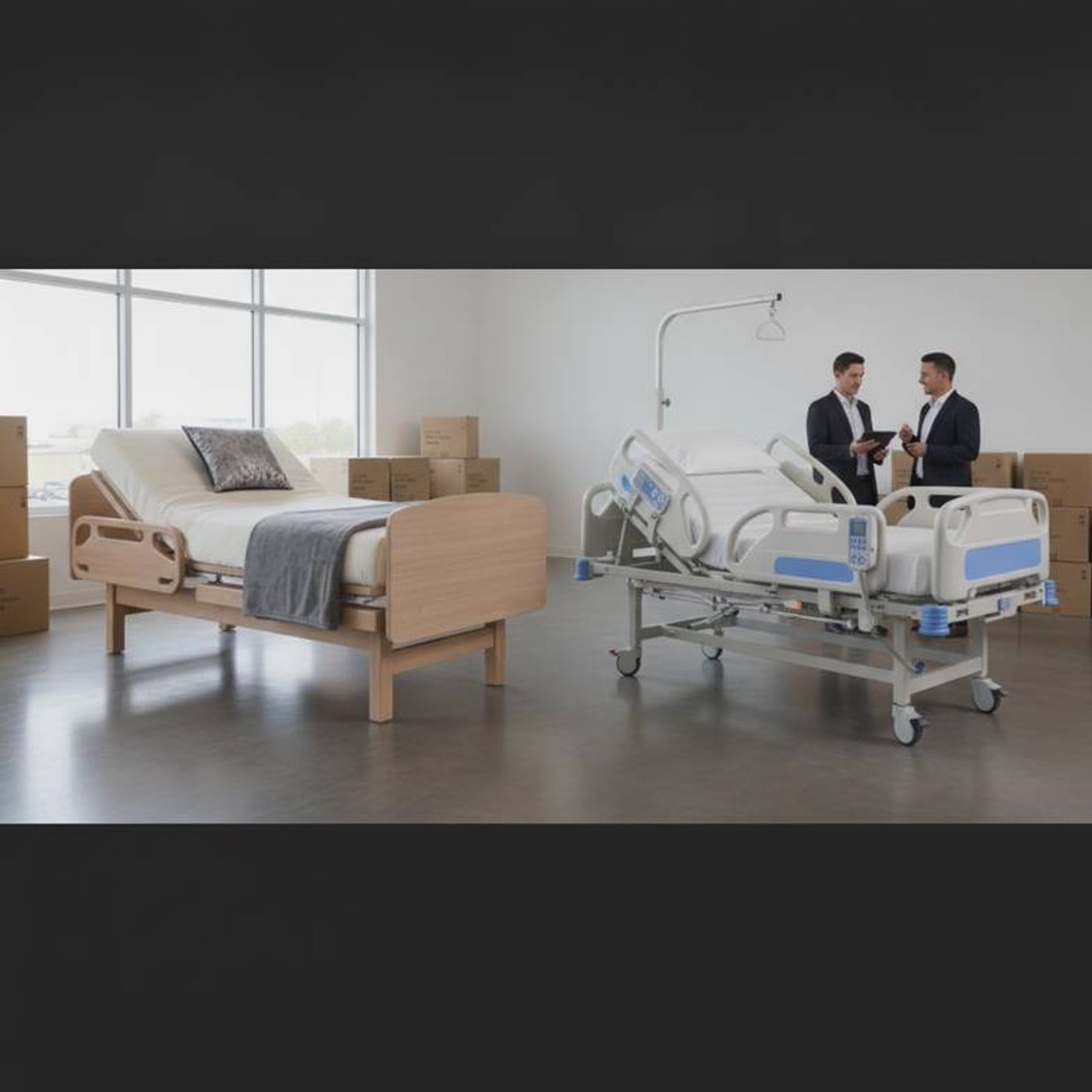 A home care bed with wood-grain panels next to a clinical-looking hospital bed.