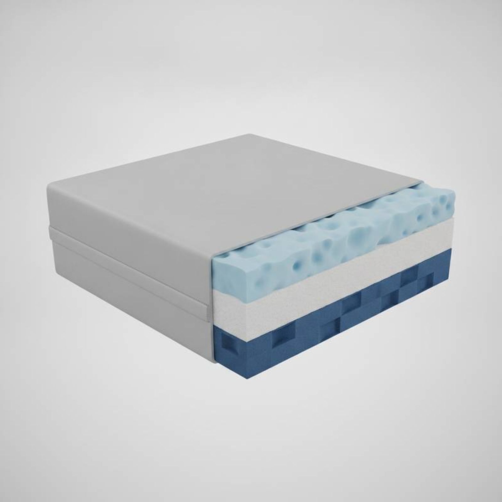 Cross-section view showing the different foam layers inside a medical mattress for a patient transfer trolley