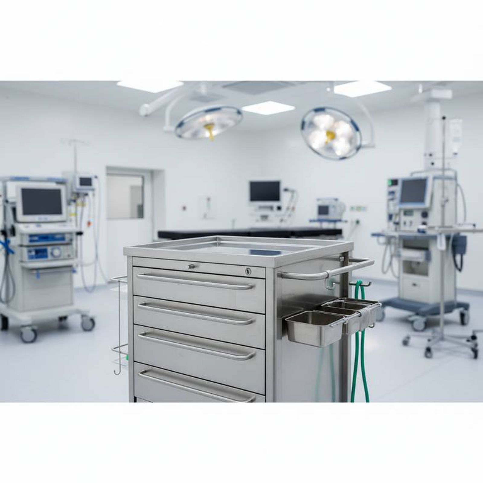 A close-up shot of an anesthesia trolley in a clean, modern hospital operating room, highlighting the drawers, worktop, and some attached accessories.