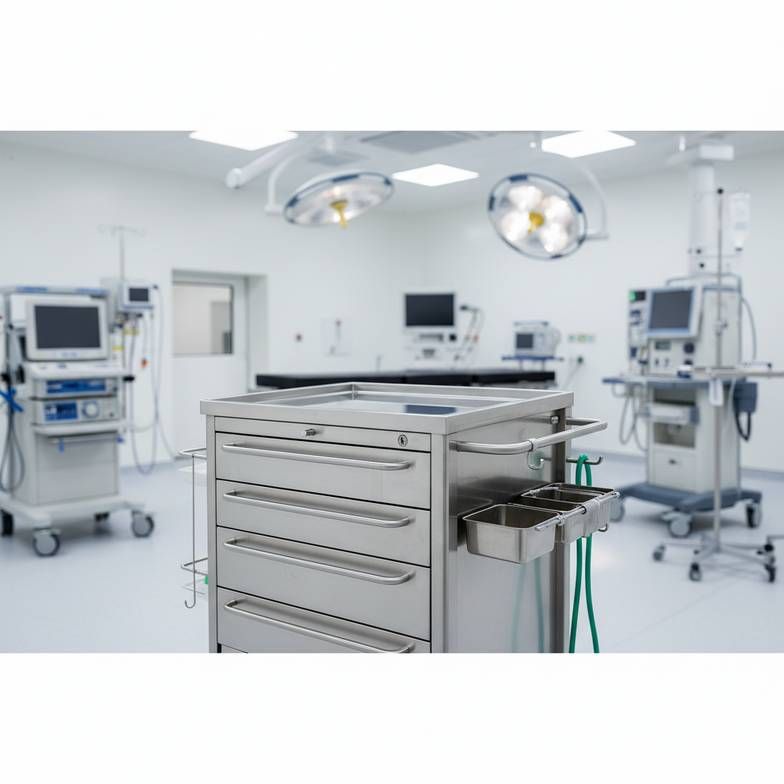 A close-up shot of an anesthesia trolley in a clean, modern hospital operating room, highlighting the drawers, worktop, and some attached accessories.