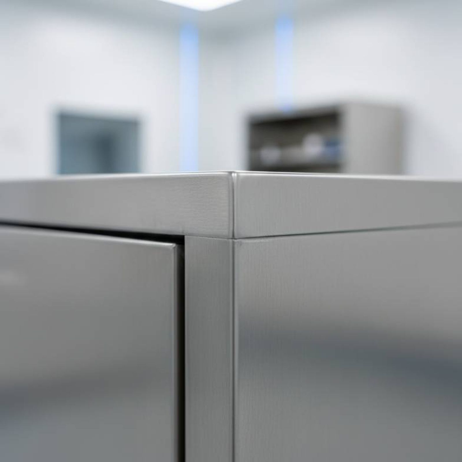 Close-up of a high-grade stainless steel medical storage cabinet for CSSD