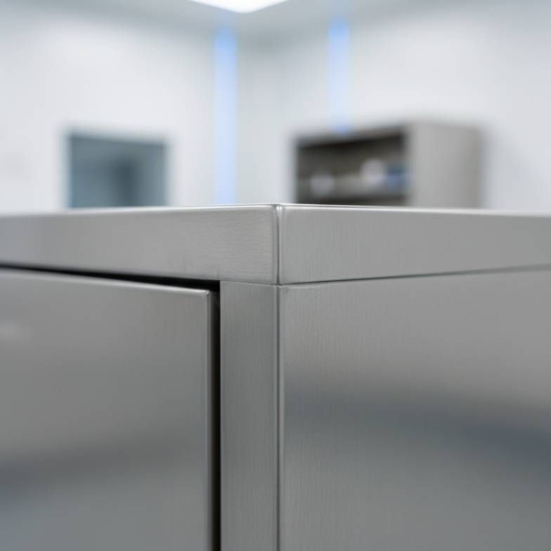 Close-up of a high-grade stainless steel medical storage cabinet for CSSD