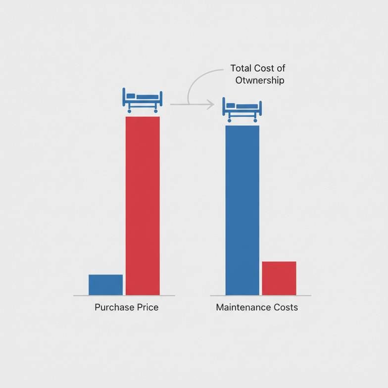 An infographic showing the Total Cost of Ownership for a hospital bed, including purchase price and maintenance.