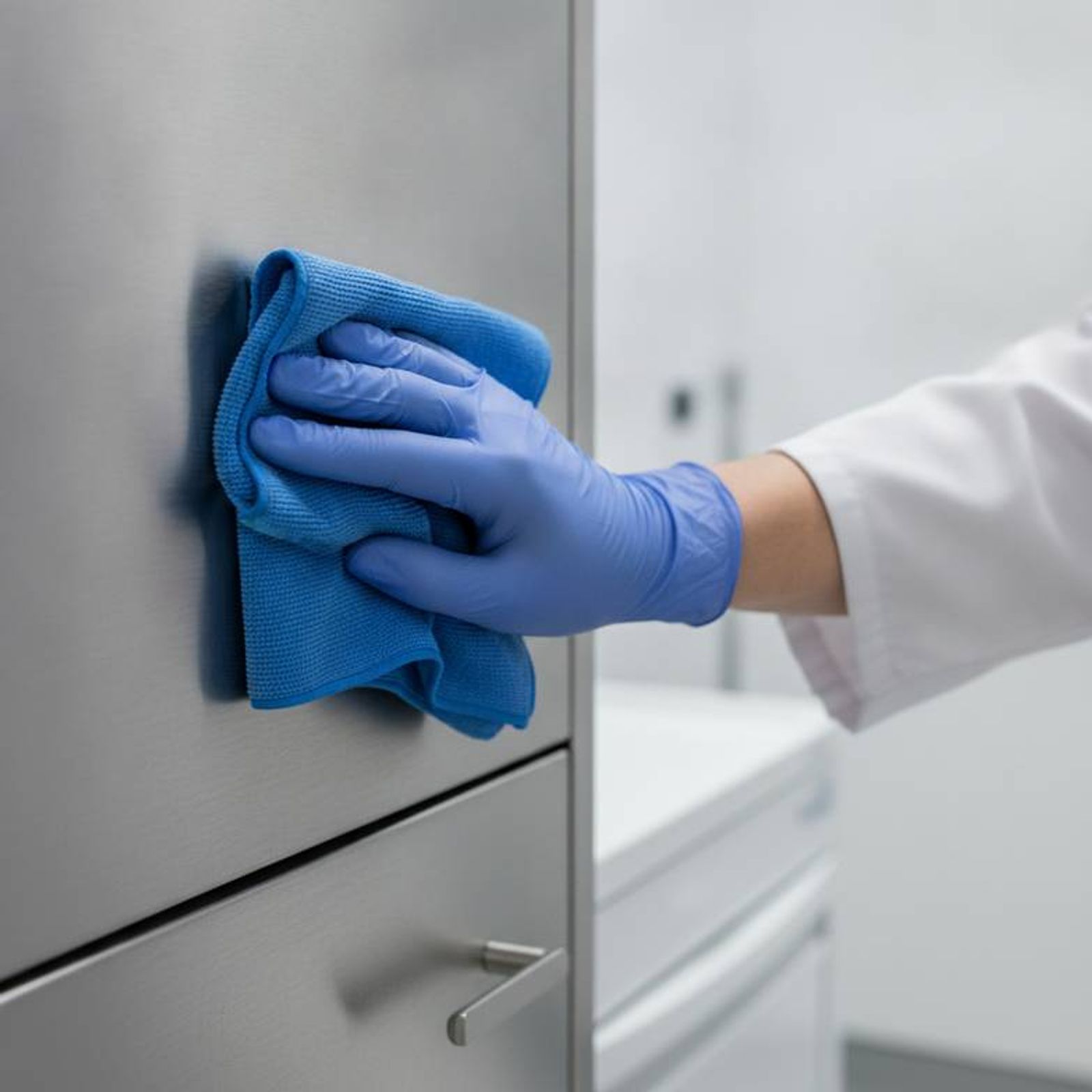 A hospital staff member cleaning a stainless steel medical cabinet correctly, following the grain of the steel