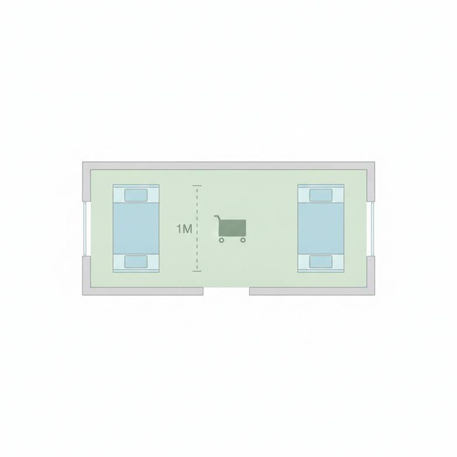 A simple floor plan sketch showing two hospital beds with proper clearance zones marked for staff workflow