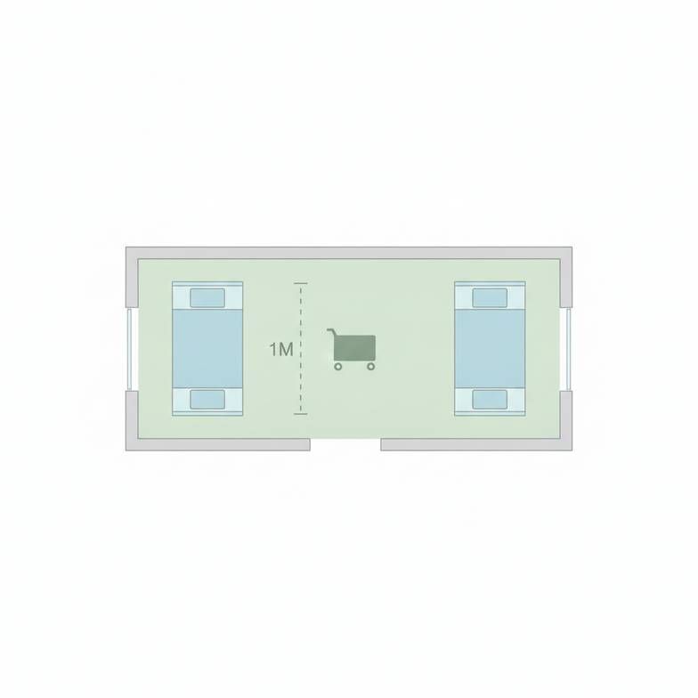 A simple floor plan sketch showing two hospital beds with proper clearance zones marked for staff workflow