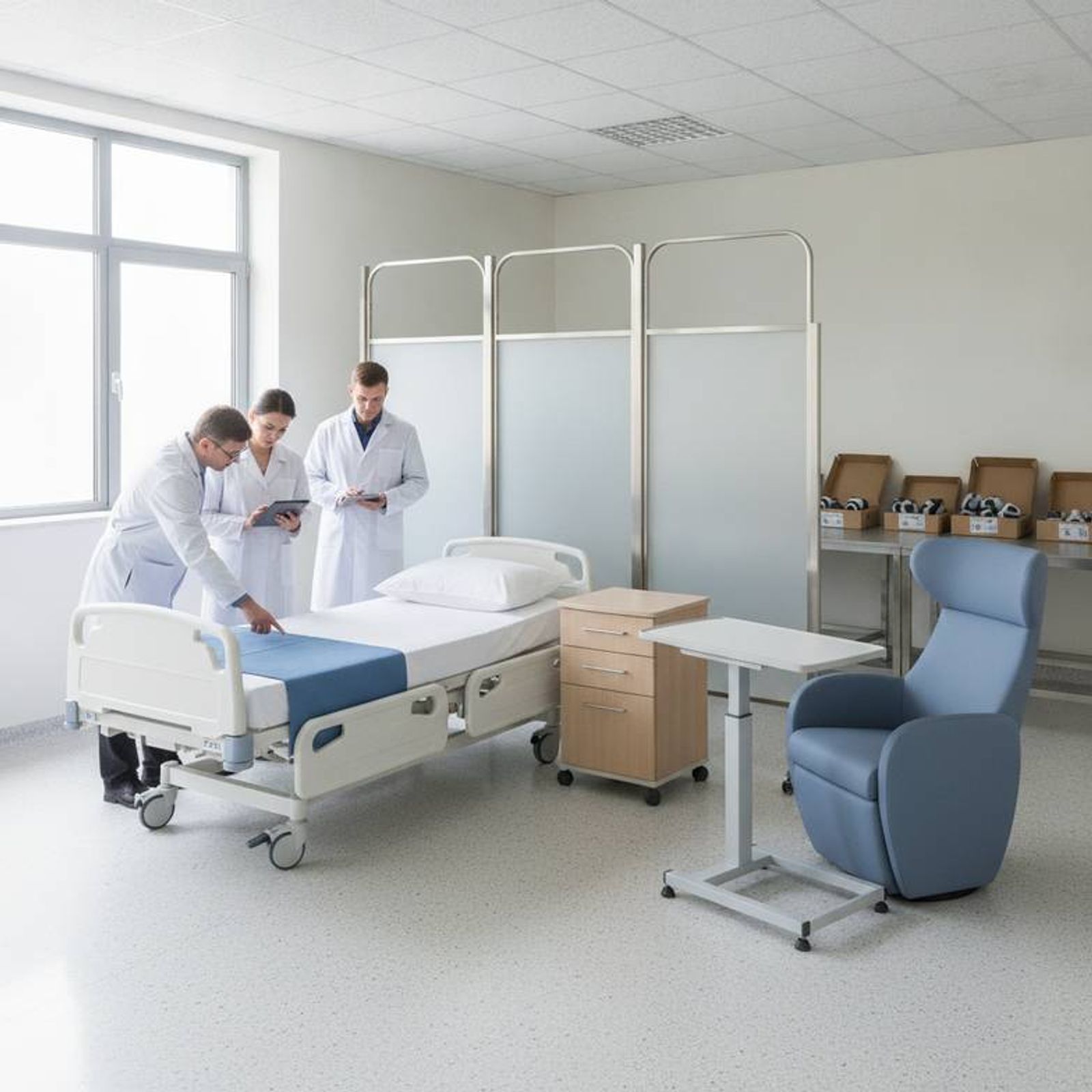 A floor plan illustration of a hospital room showing clear movement paths around the bed, chair, and other furniture for a wheelchair.
