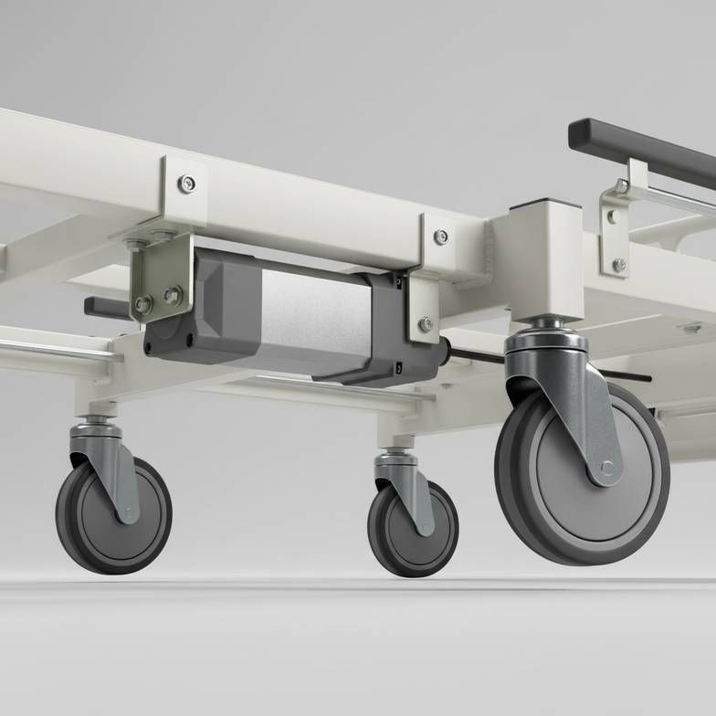 Close-up of a hospital bed motor and steel frame
