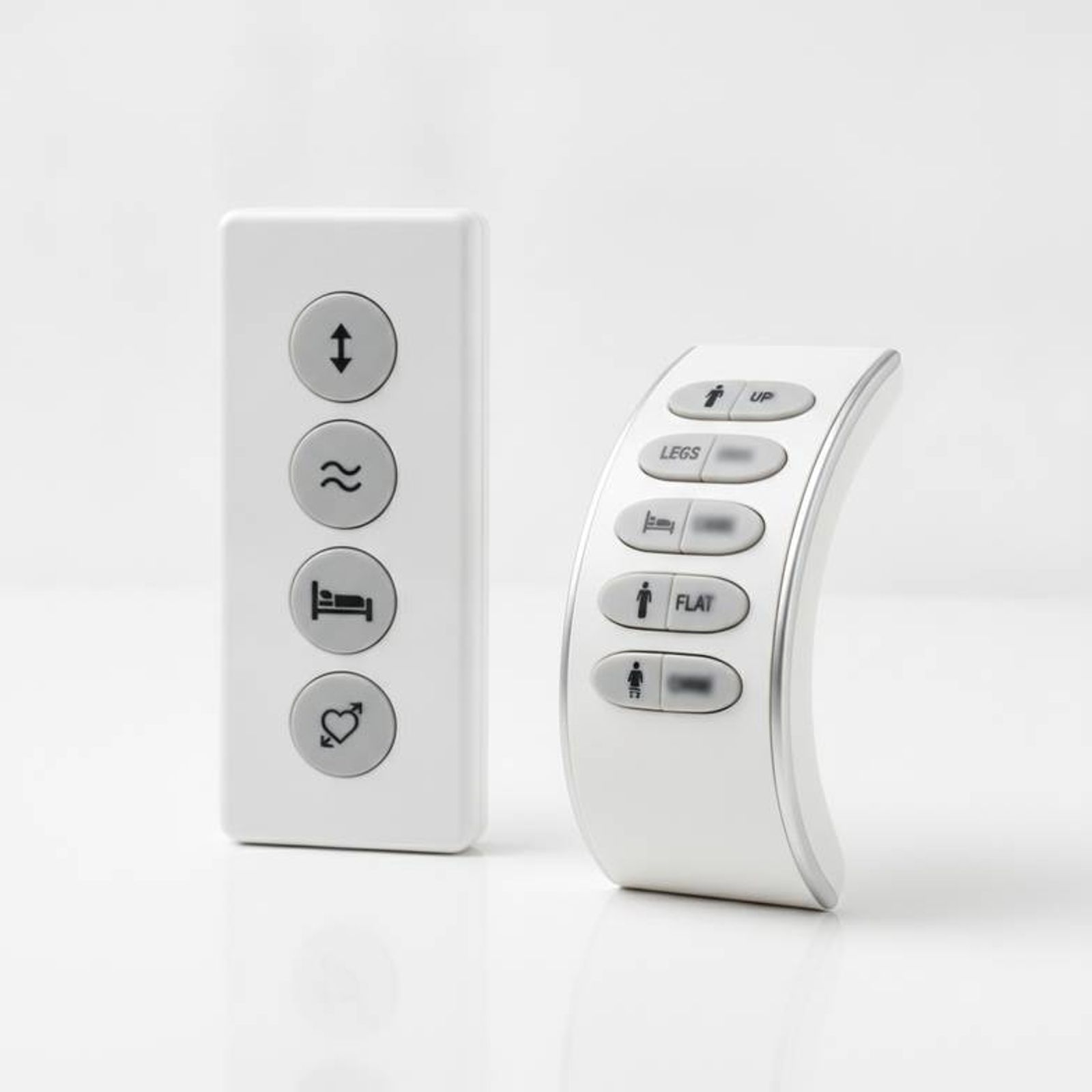 An example of a hospital bed hand control with universal icons next to one with icons and text.