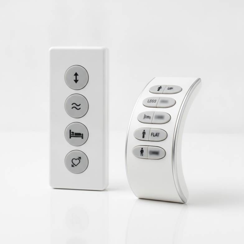 An example of a hospital bed hand control with universal icons next to one with icons and text.