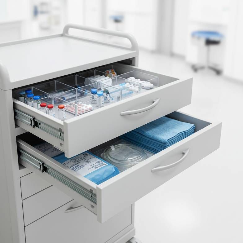 Close-up photo showing the inside of two different medicine trolley drawers. One is shallow with dividers for small vials, and the other is a deep, open drawer holding larger medical supplies.