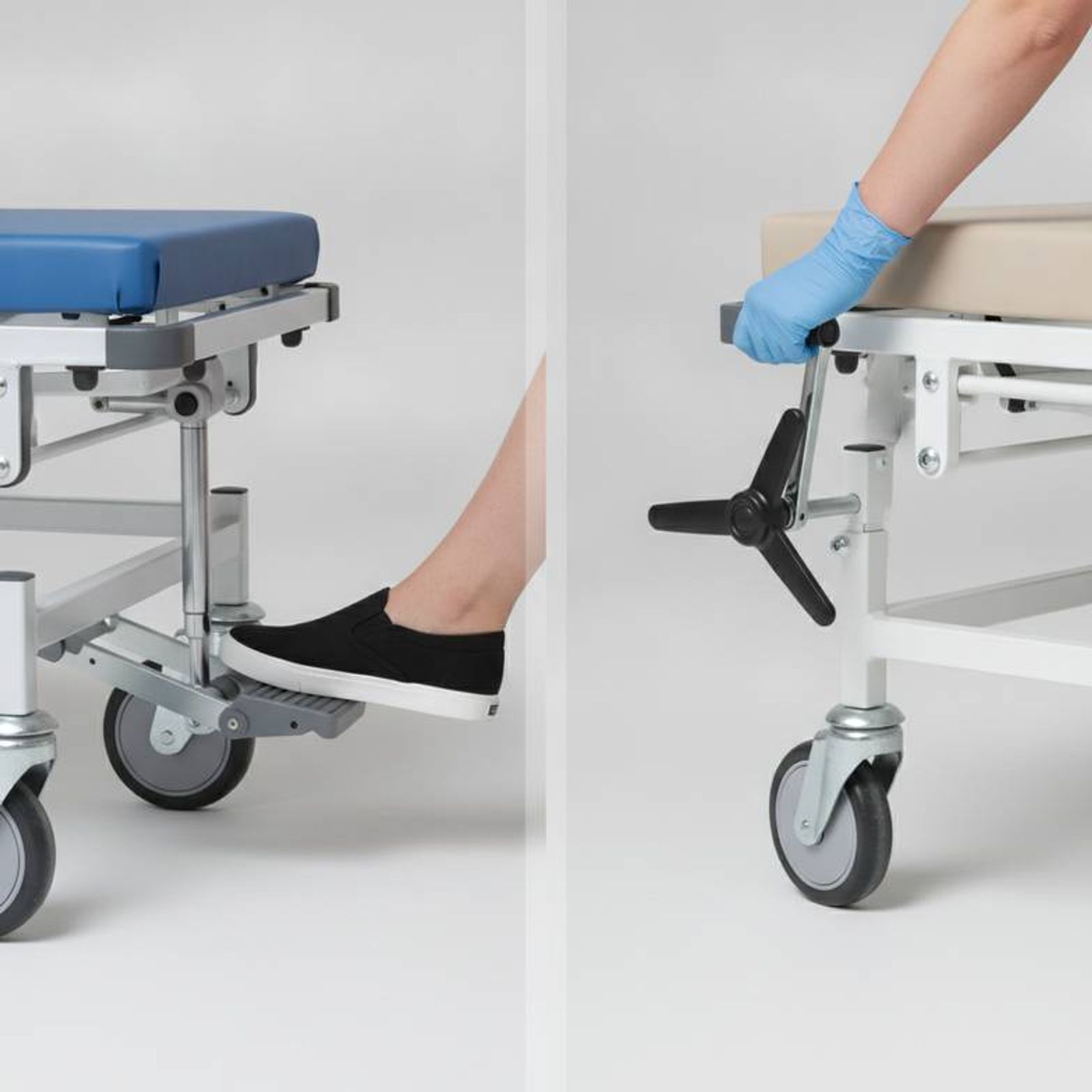 A close-up of a hydraulic foot pedal on a hospital stretcher next to a manual crank handle