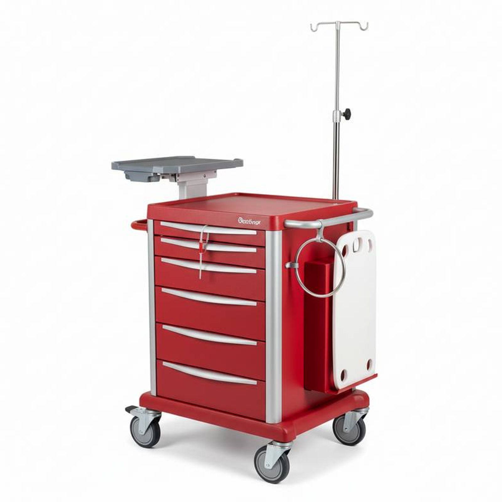 A fully-equipped red emergency medical trolley with a defibrillator shelf