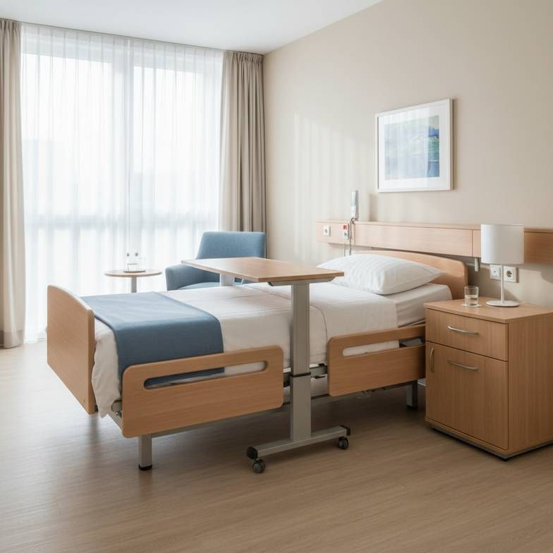 A well-organized and clean nursing home resident room featuring an elderly care bed, a bedside cabinet, and an overbed table.