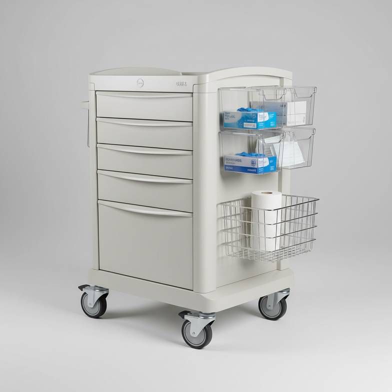 An isolation cart with drawers and PPE storage compartments