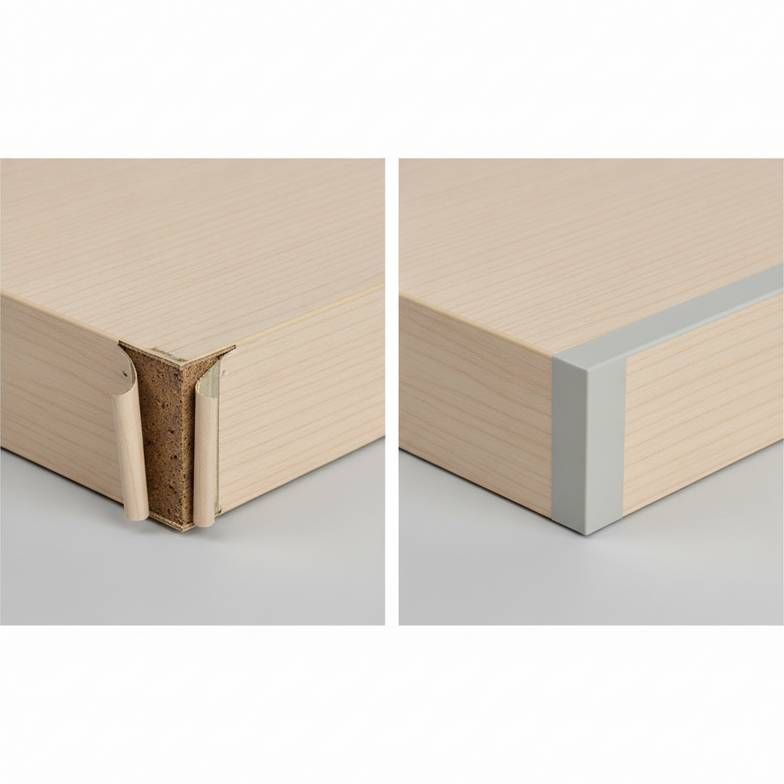 Close-up showing the difference between a peeling cabinet edge and a properly sealed one