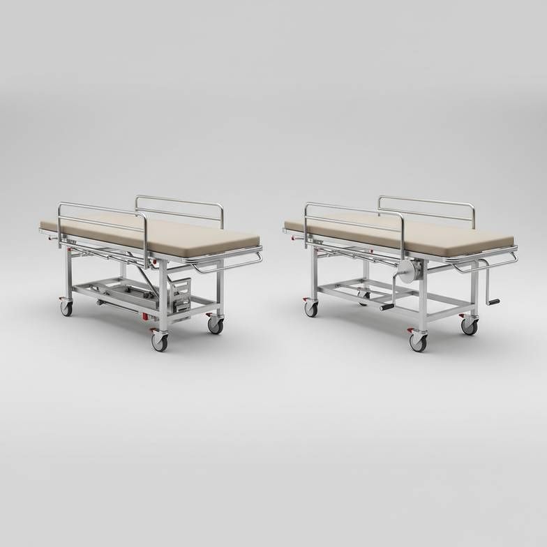 A side-by-side comparison of a hydraulic vs manual stretcher in a hospital setting.