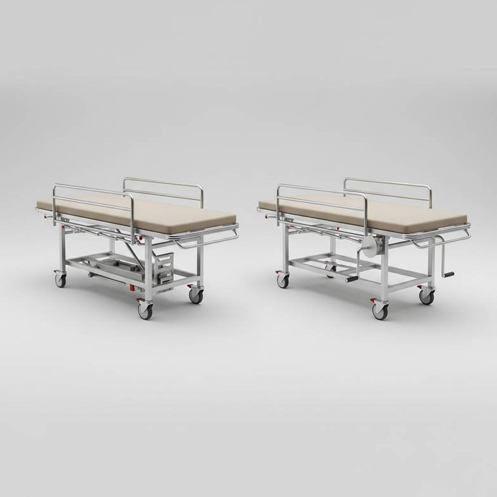 A side-by-side comparison of a hydraulic vs manual stretcher in a hospital setting.