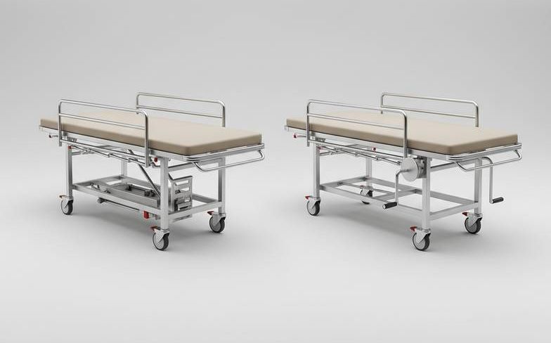 A side-by-side comparison of a hydraulic vs manual stretcher in a hospital setting.