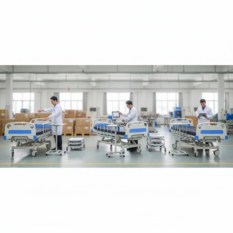 Three-function electric hospital bed showing backrest, legrest, and hi-lo height adjustment
