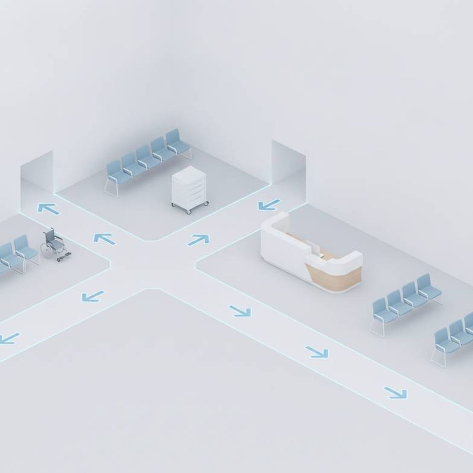 A well-planned triage area layout showing clear, wide pathways for wheelchairs and staff movement