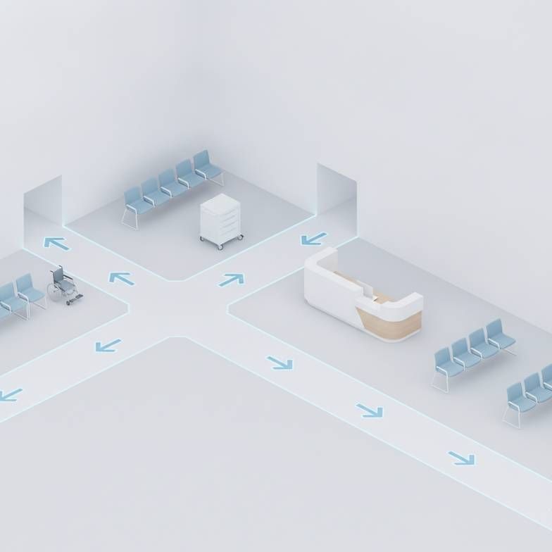 A well-planned triage area layout showing clear, wide pathways for wheelchairs and staff movement