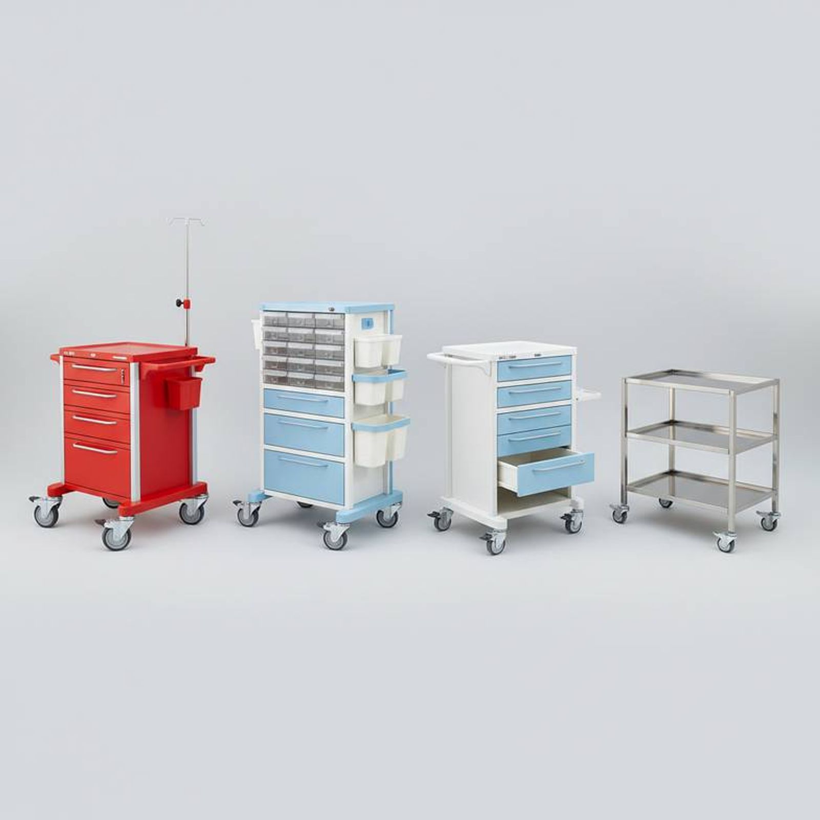 Different types of medical trolleys arranged by hospital department