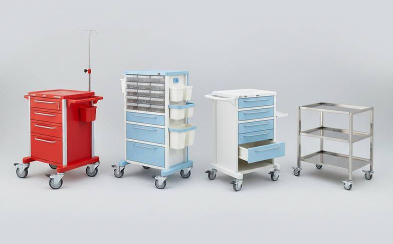 Different types of medical trolleys arranged by hospital department