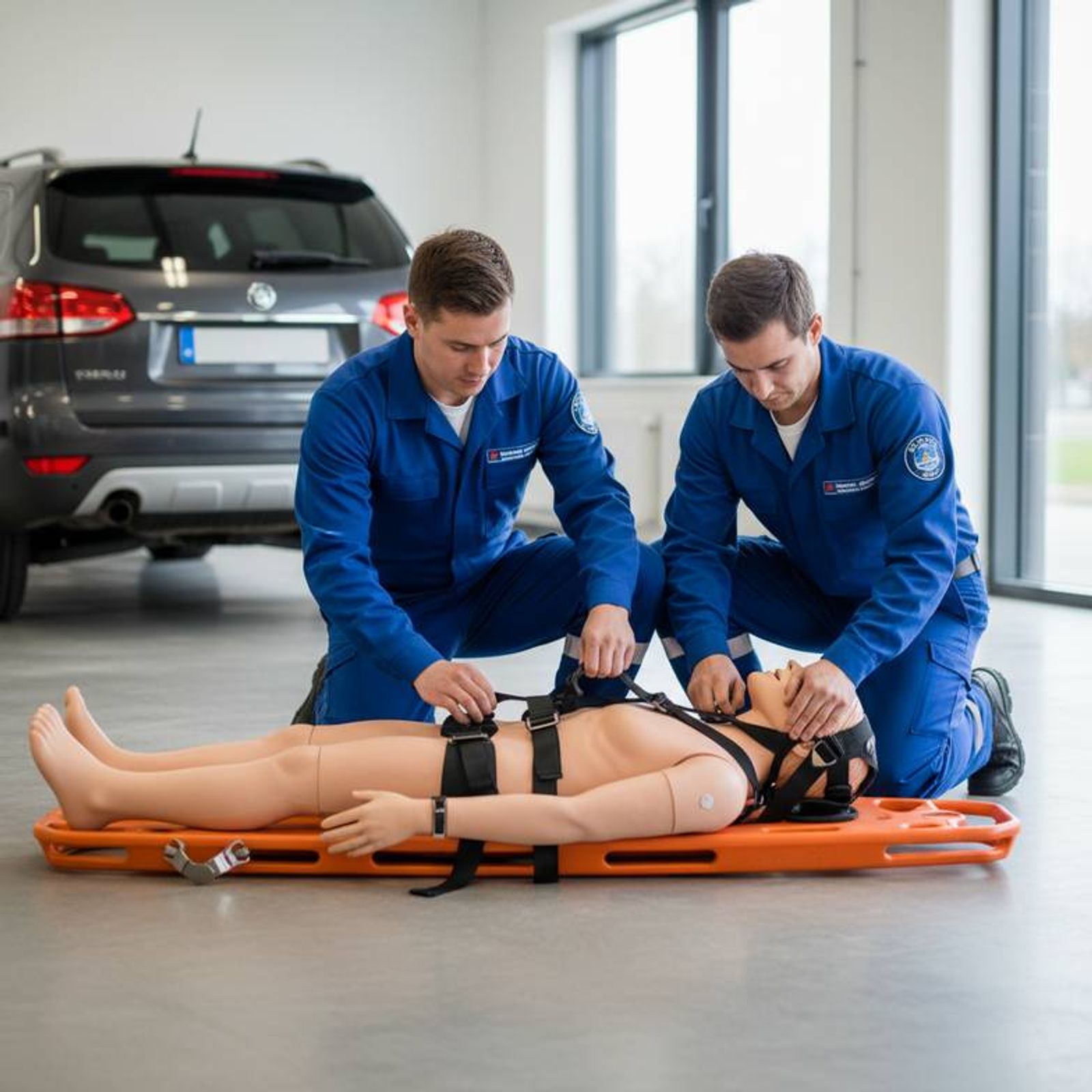Paramedics using a spine board to extricate a patient from a car crash, demonstrating its use in emergency situations.
