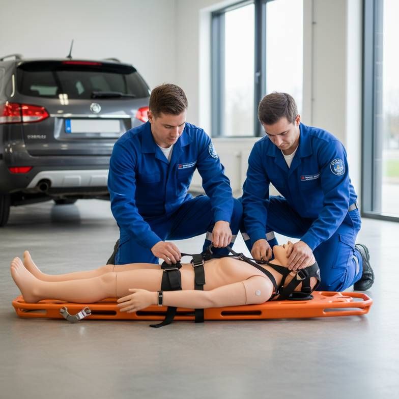 Paramedics using a spine board to extricate a patient from a car crash, demonstrating its use in emergency situations.