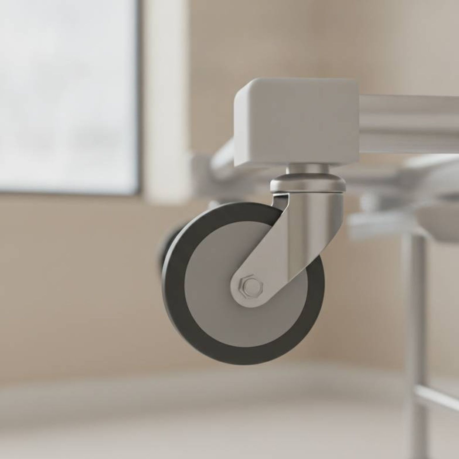 A high-quality hospital bed bumper wheel mounted on the corner of a medical bed frame.