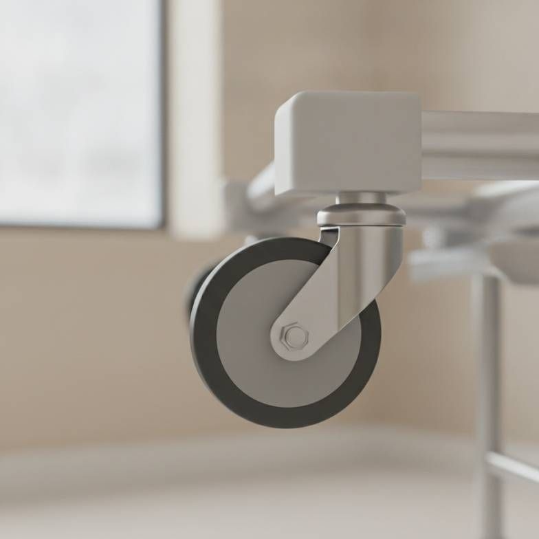 A high-quality hospital bed bumper wheel mounted on the corner of a medical bed frame.