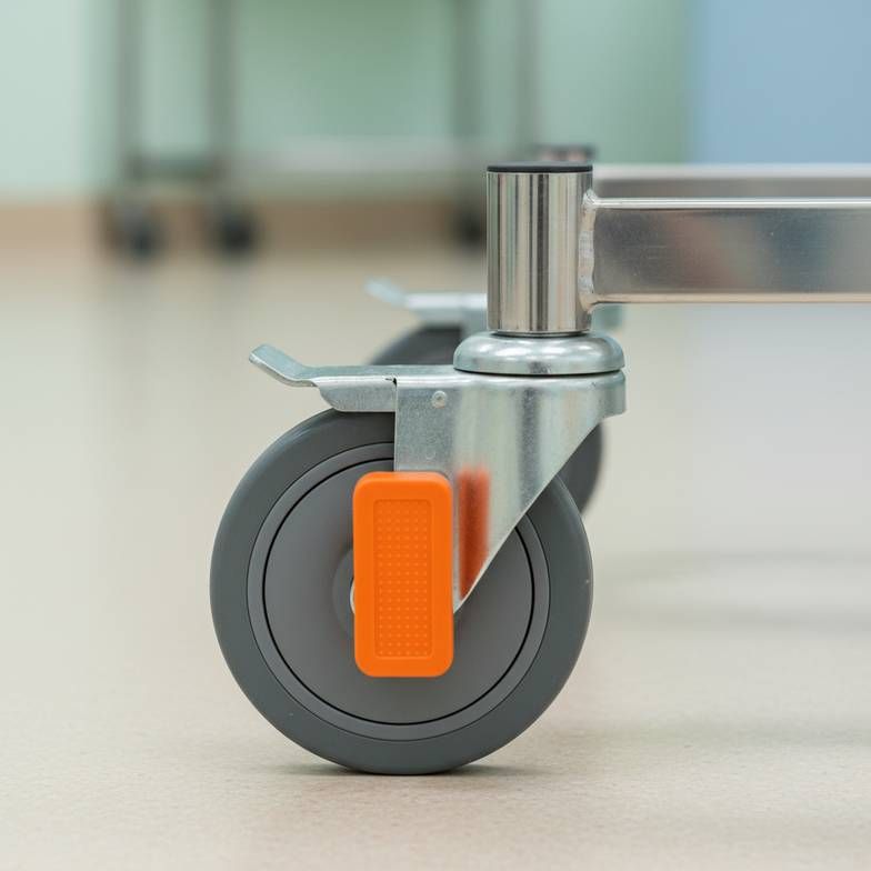 A close-up shot of a high-quality caster with a brake on a medical trolley, highlighting a key specification detail.