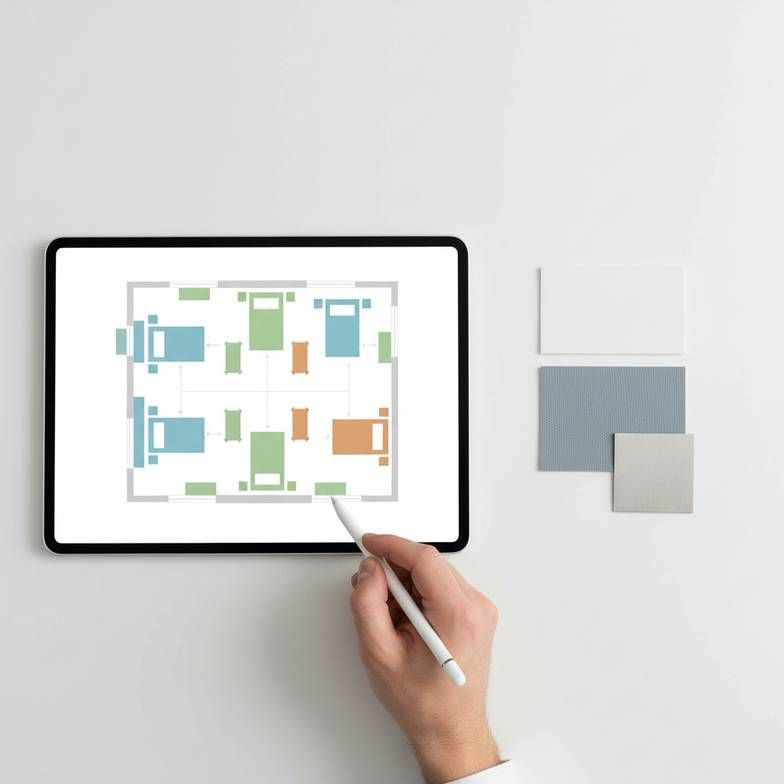 A medical planner reviewing blueprints for a hospital ward