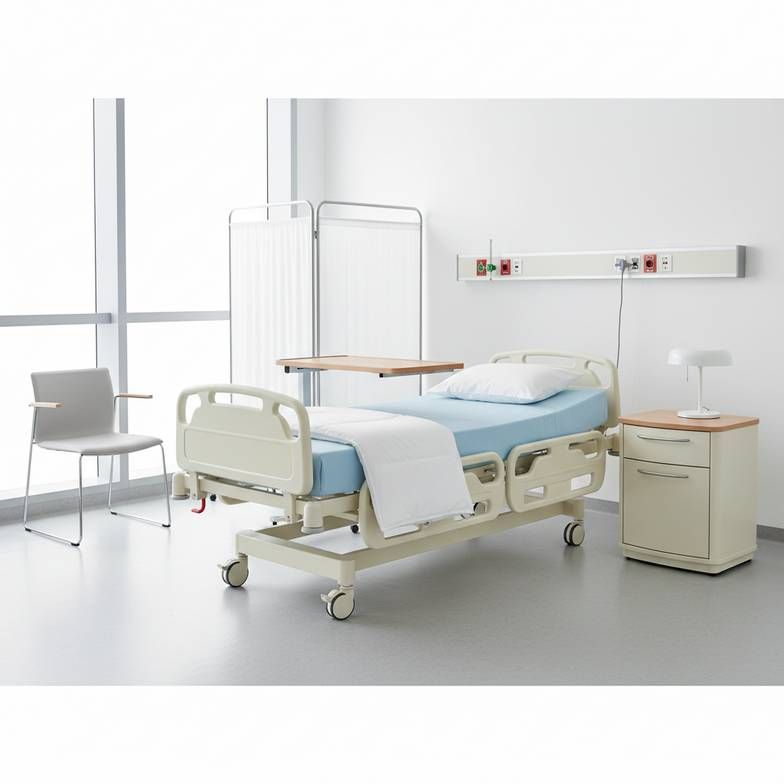 A clean, well-lit hospital room with a complete set of furniture: an electric hospital bed, a modern bedside cabinet, an overbed table, a visitor chair, and a folded ward screen.