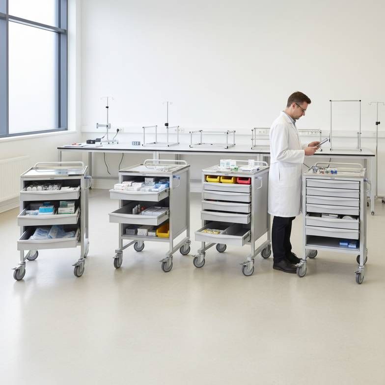 A nurse using a 3-drawer trolley for a medication round in a hospital hallway