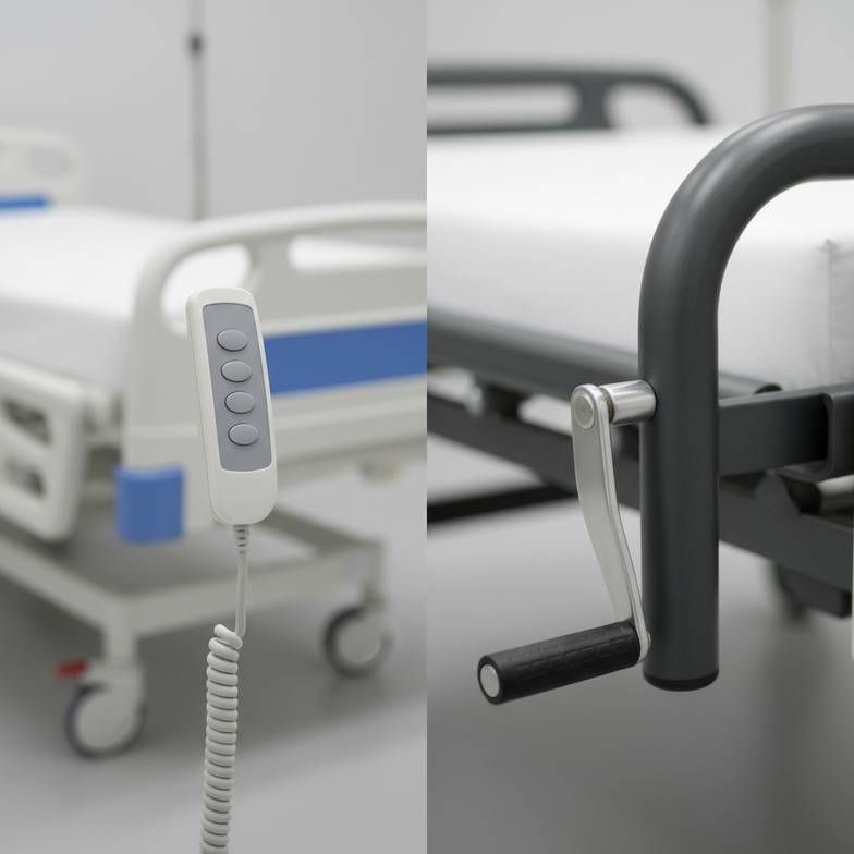 An electric hospital bed with a remote next to a manual hospital bed with a crank handle