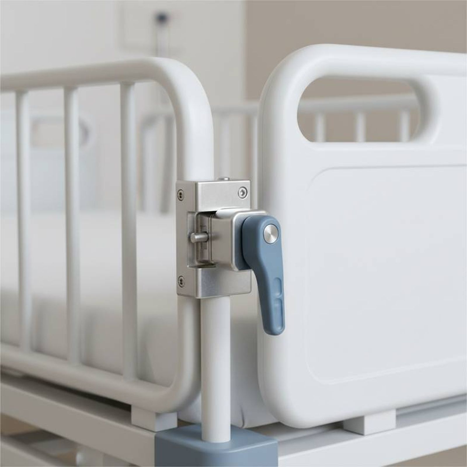 Close-up of a pediatric hospital bed's side rail locking mechanism