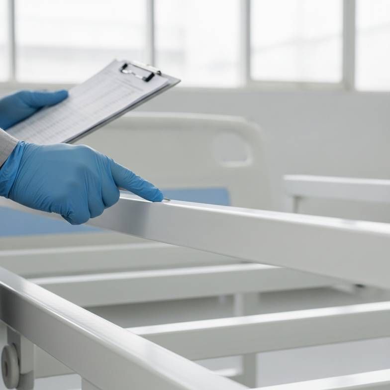 An inspector using a hospital furniture supplier audit checklist to check the welding on a hospital bed frame.
