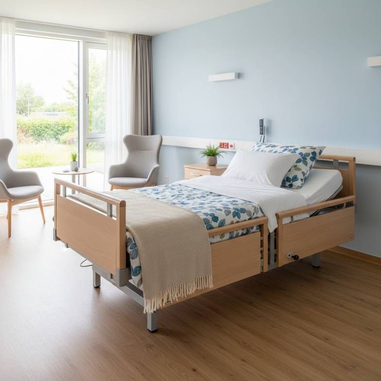 A clean and comfortable room in a long-term care facility, featuring a modern nursing bed with side rails up.