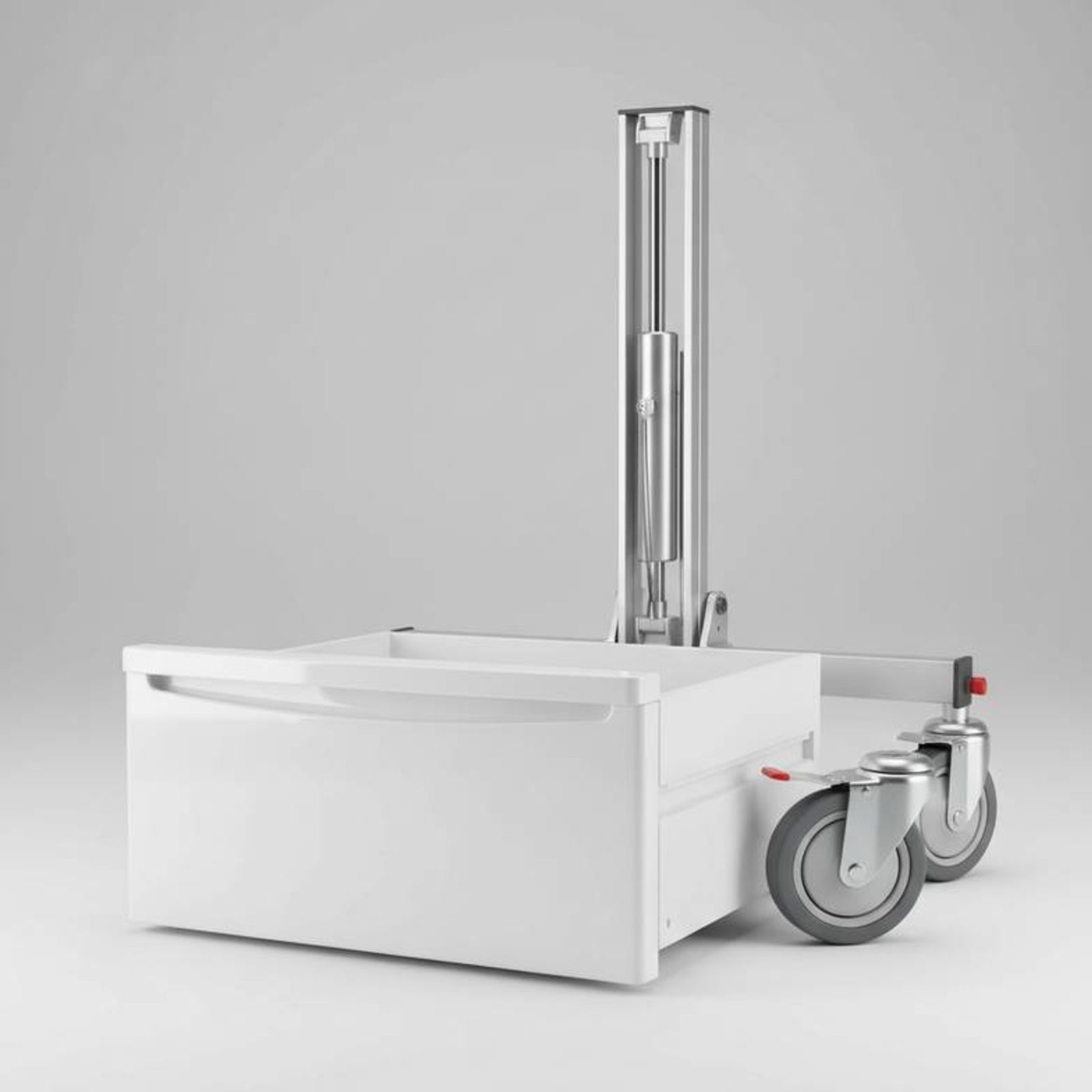 A close-up shot showing the different materials and components from the checklist, like an ABS bedside cabinet, a gas spring lift mechanism for an overbed table, and a central locking caster on a hospital bed.