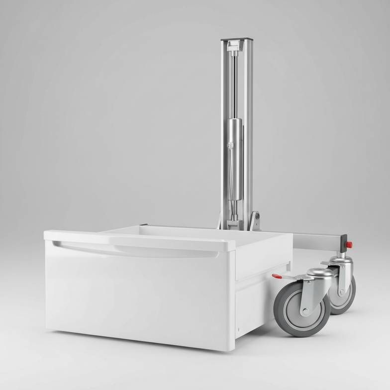 A close-up shot showing the different materials and components from the checklist, like an ABS bedside cabinet, a gas spring lift mechanism for an overbed table, and a central locking caster on a hospital bed.