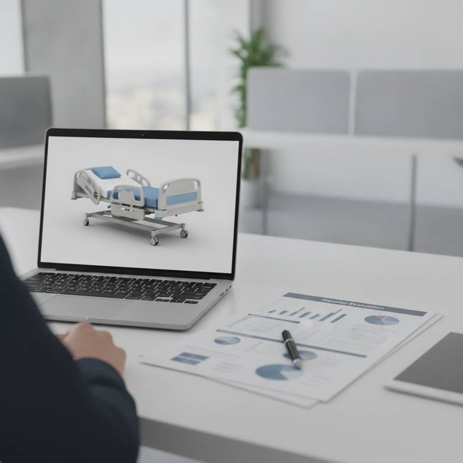 A project manager reviewing a contract for after-sales support for imported hospital furniture.