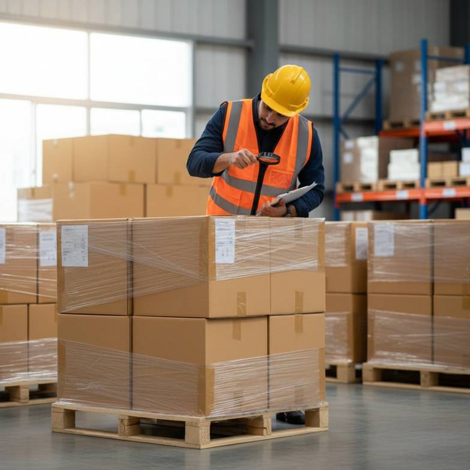 Warehouse worker inspecting sealed export cartons next to a pallet of boxed medical furniture, checking for damage before shipment